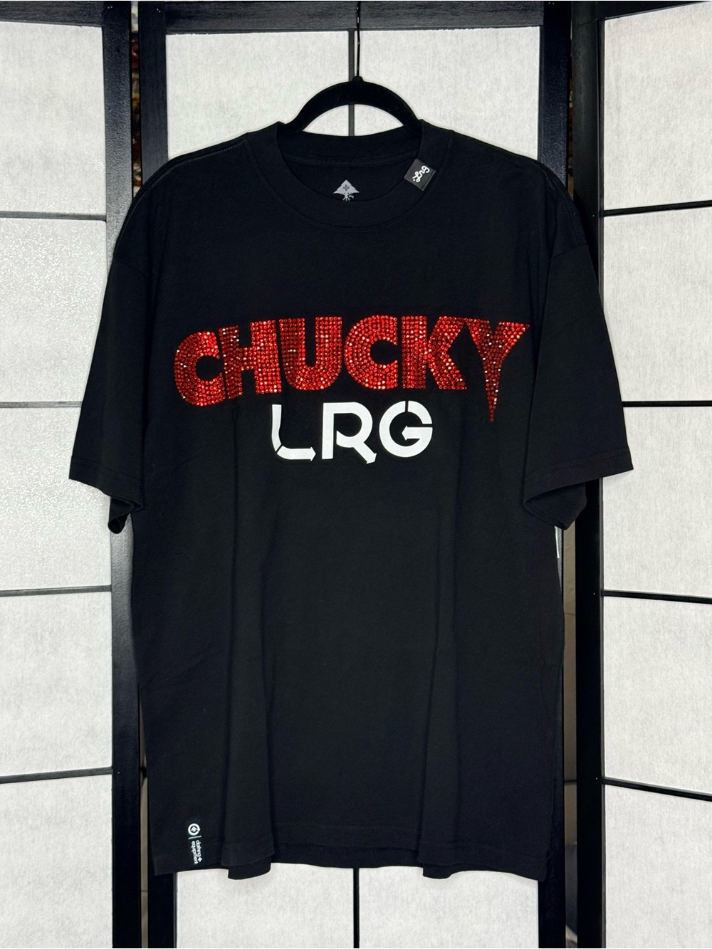 LRG Black Tee with Red CHUCKY Rhinestone Logo